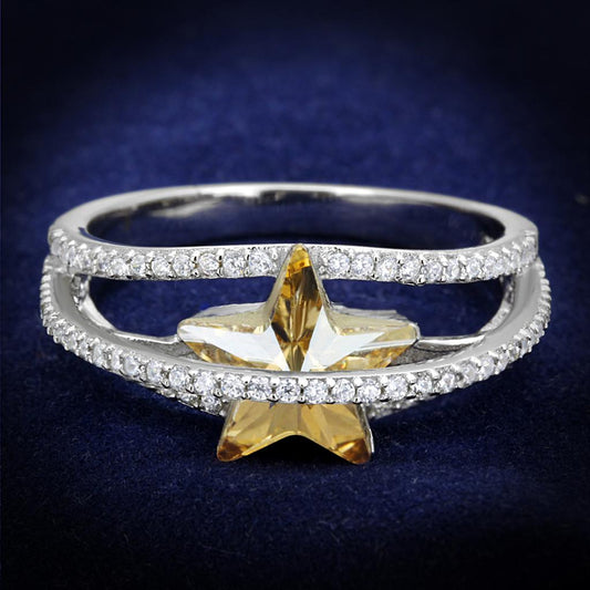 MATS315 - Rhodium 925 Sterling Silver Ring with Top Grade Crystal  in Citrine Yellow