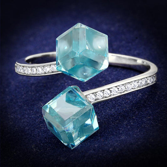 MATS317 - Rhodium 925 Sterling Silver Ring with AAA Grade CZ  in Sea Blue