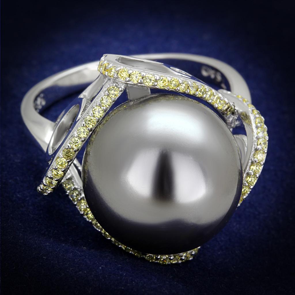 MATS318 - Rhodium 925 Sterling Silver Ring with Synthetic Pearl in Gray