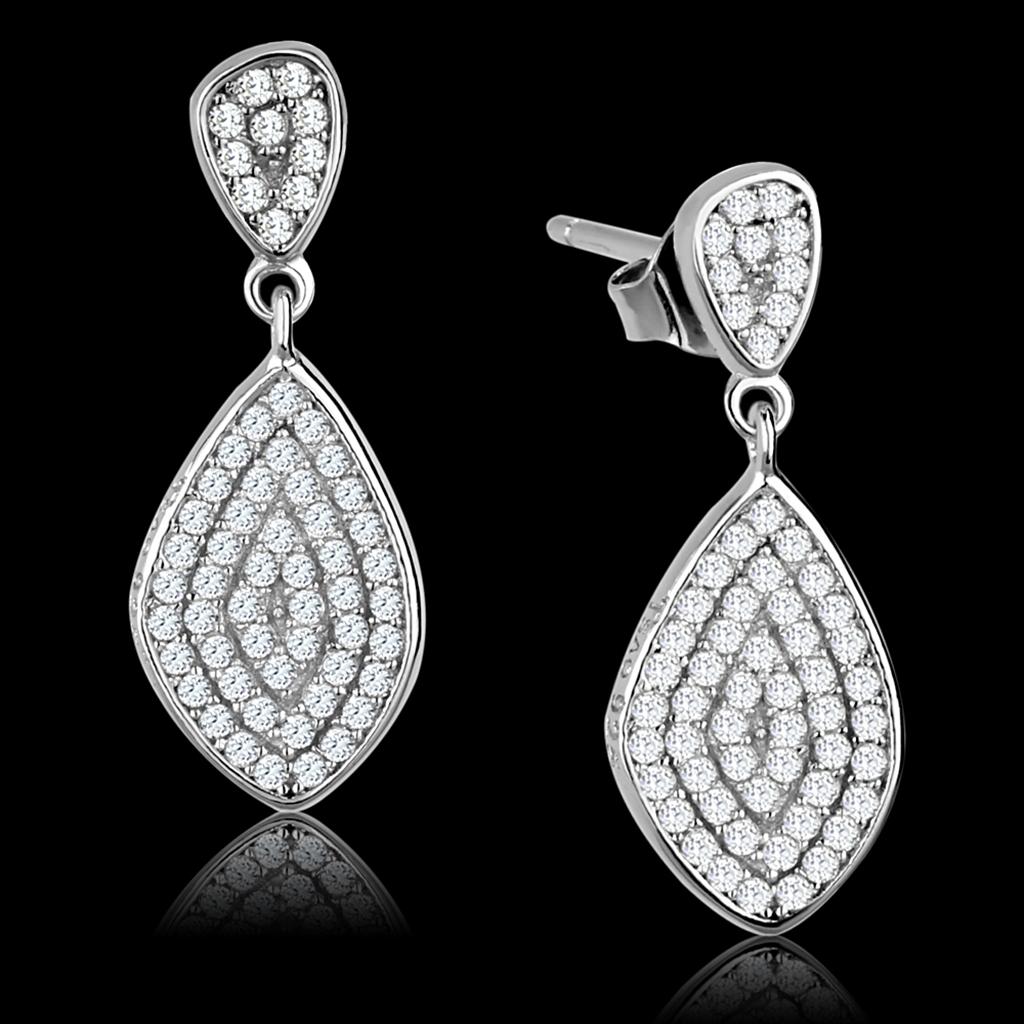 MATS325 - Rhodium 925 Sterling Silver Earrings with AAA Grade CZ  in Clear