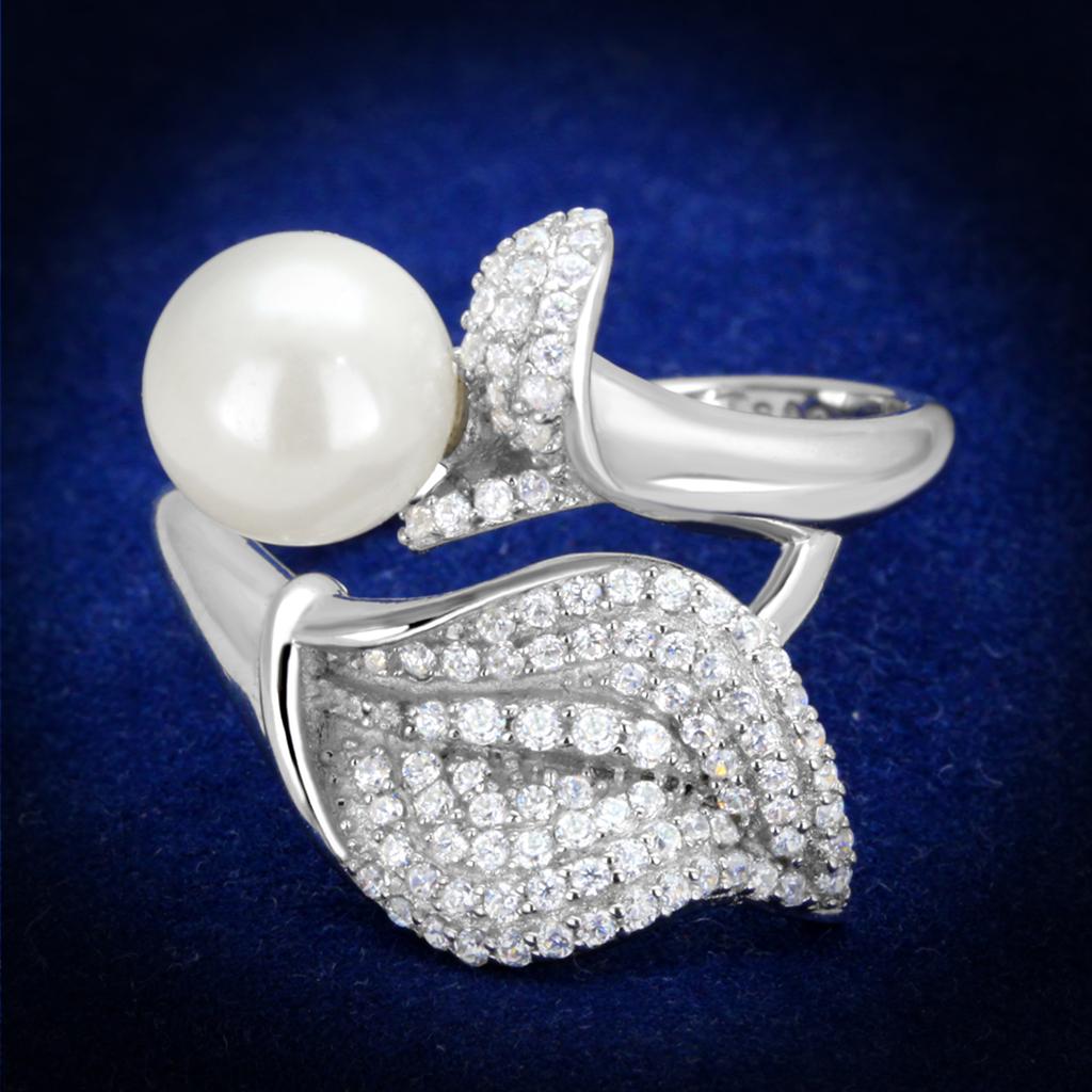 MATS329 - Rhodium 925 Sterling Silver Ring with Synthetic Pearl in White