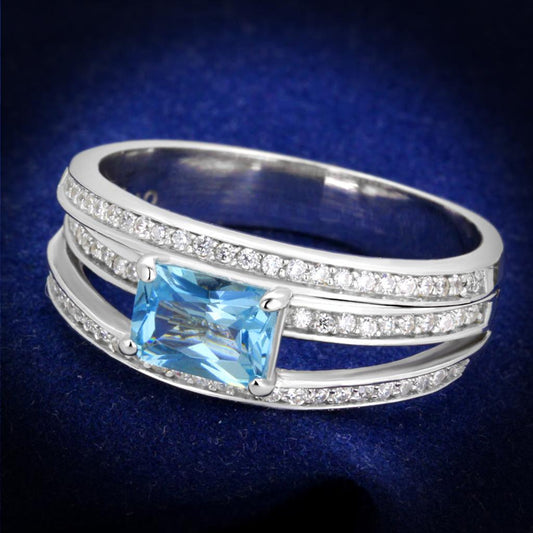 MATS344 - Rhodium 925 Sterling Silver Ring with Synthetic Synthetic Glass in Sea Blue