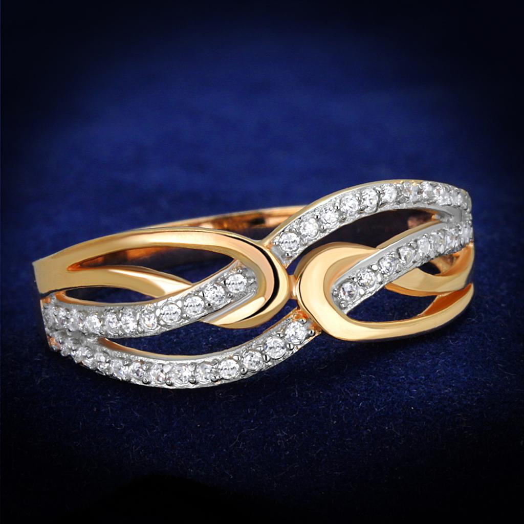 MATS361 - Rose Gold + Rhodium 925 Sterling Silver Ring with AAA Grade CZ  in Clear
