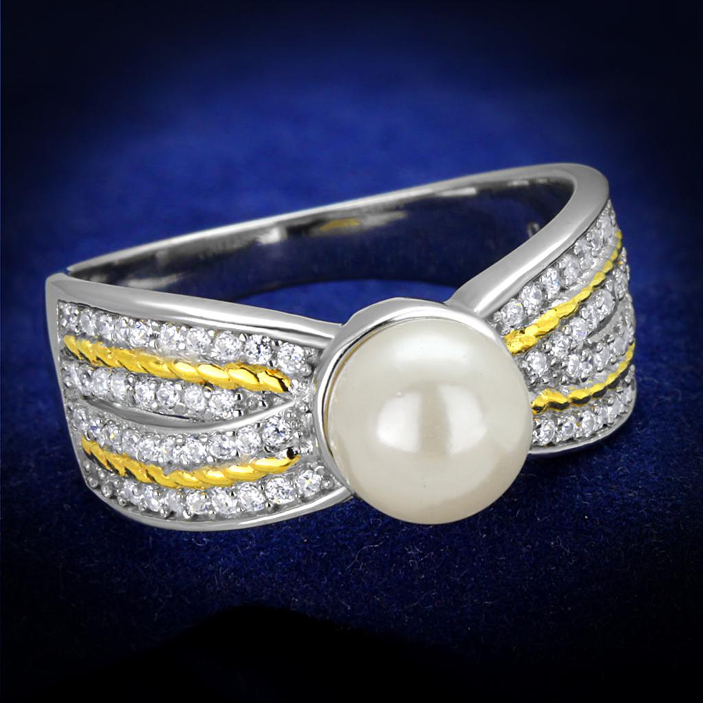 MATS377 - Reverse Two-Tone 925 Sterling Silver Ring with Synthetic Pearl in White