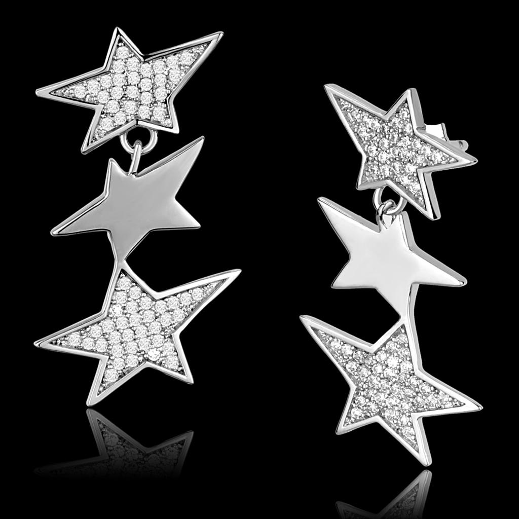 MATS381 - Rhodium 925 Sterling Silver Earrings with AAA Grade CZ  in Clear