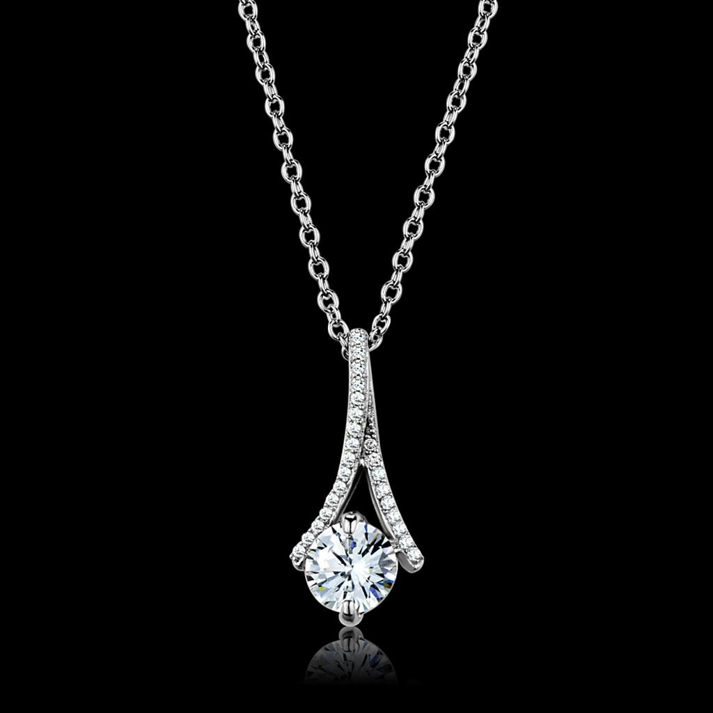 MATS411 - Rhodium 925 Sterling Silver Chain Pendant with AAA Grade CZ  in Clear
