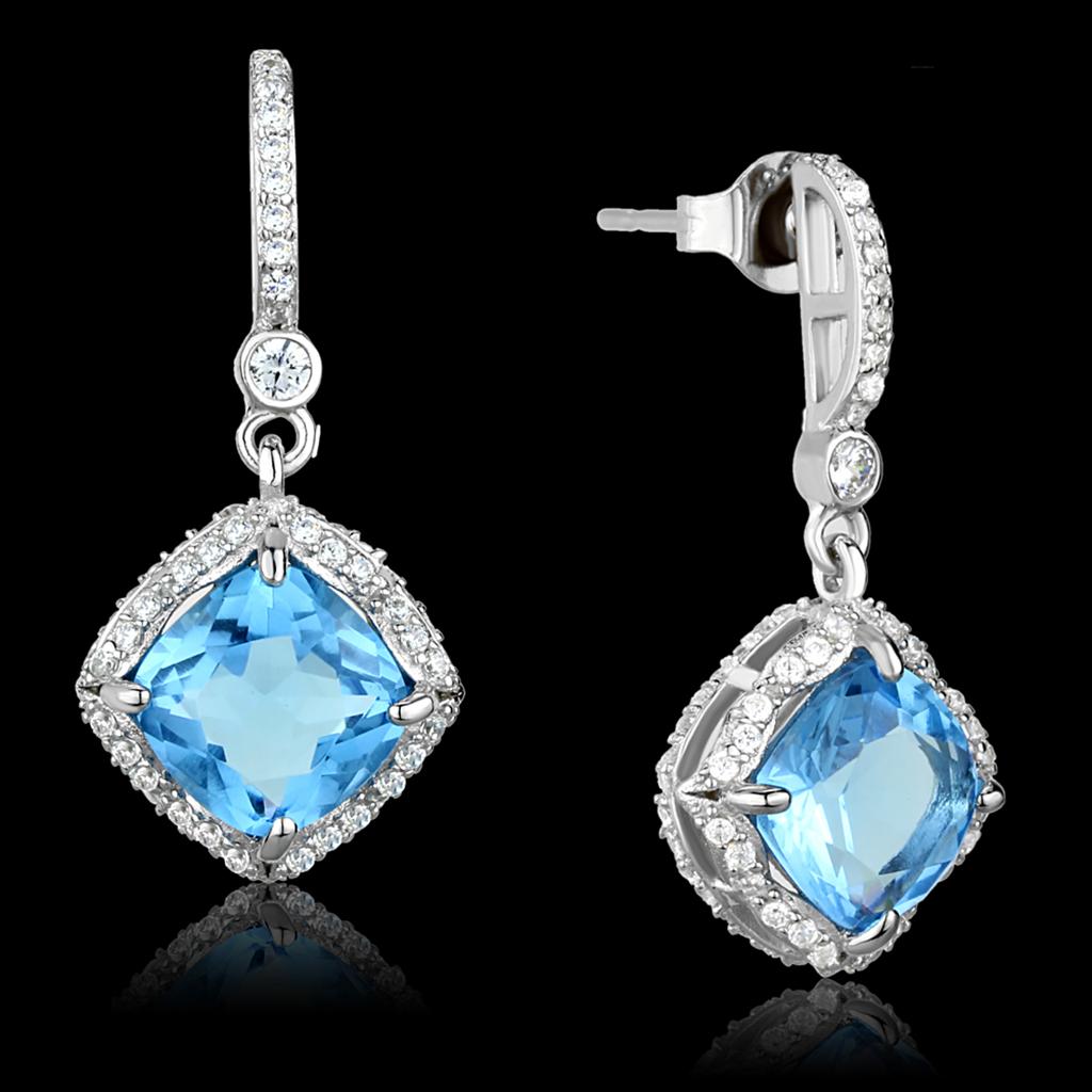 MATS438 - Rhodium 925 Sterling Silver Earrings with Synthetic Synthetic Glass in Sea Blue