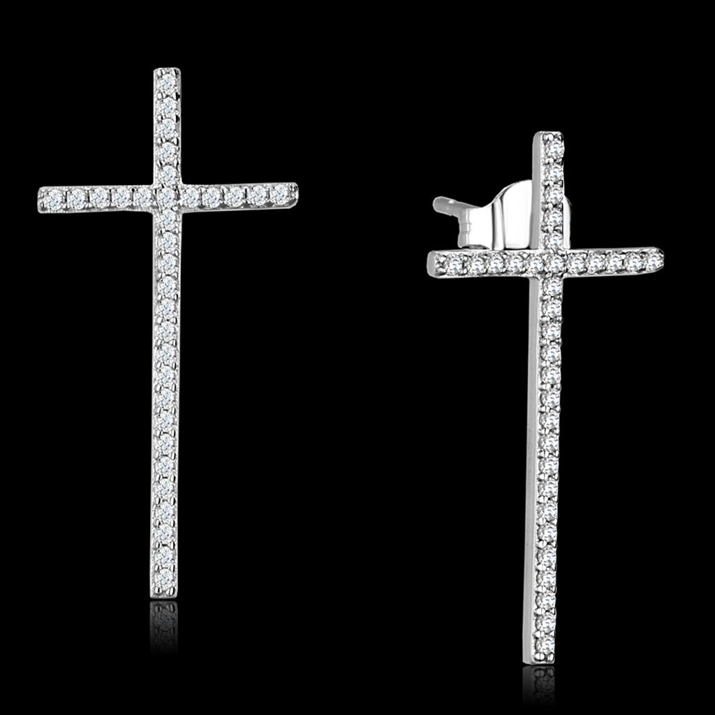 MATS440 - Rhodium 925 Sterling Silver Earrings with AAA Grade CZ  in Clear