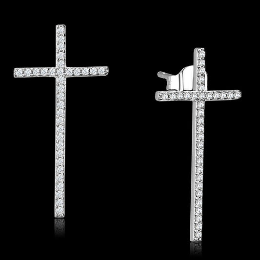 MATS440 - Rhodium 925 Sterling Silver Earrings with AAA Grade CZ  in Clear