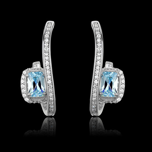 MATS442 - Rhodium 925 Sterling Silver Earrings with AAA Grade CZ  in Sea Blue