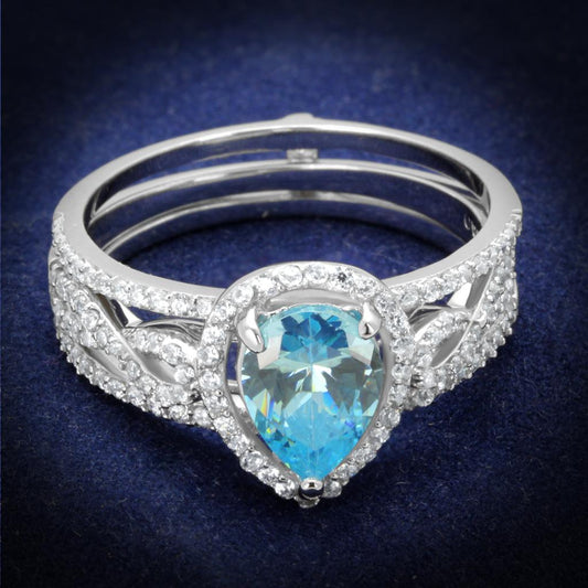 MATS453 - Rhodium 925 Sterling Silver Ring with AAA Grade CZ  in Sea Blue