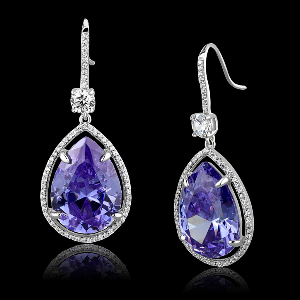 MATS477 - Rhodium 925 Sterling Silver Earrings with AAA Grade CZ  in Light Amethyst