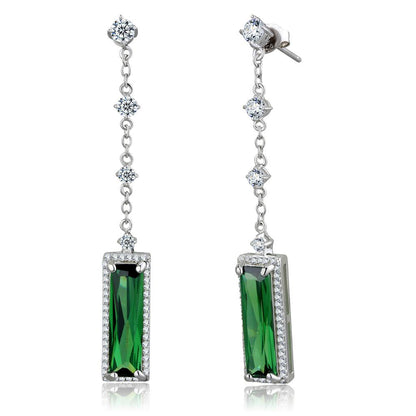 MATS478 - Rhodium 925 Sterling Silver Earrings with AAA Grade CZ  in Emerald