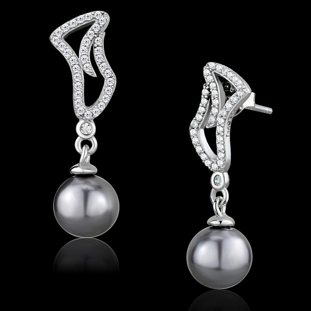 MATS479 - Rhodium 925 Sterling Silver Earrings with Synthetic Pearl in Gray