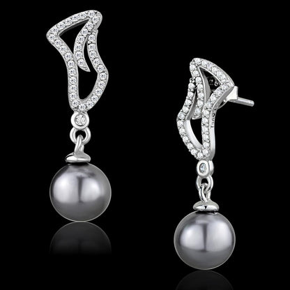 MATS479 - Rhodium 925 Sterling Silver Earrings with Synthetic Pearl in Gray