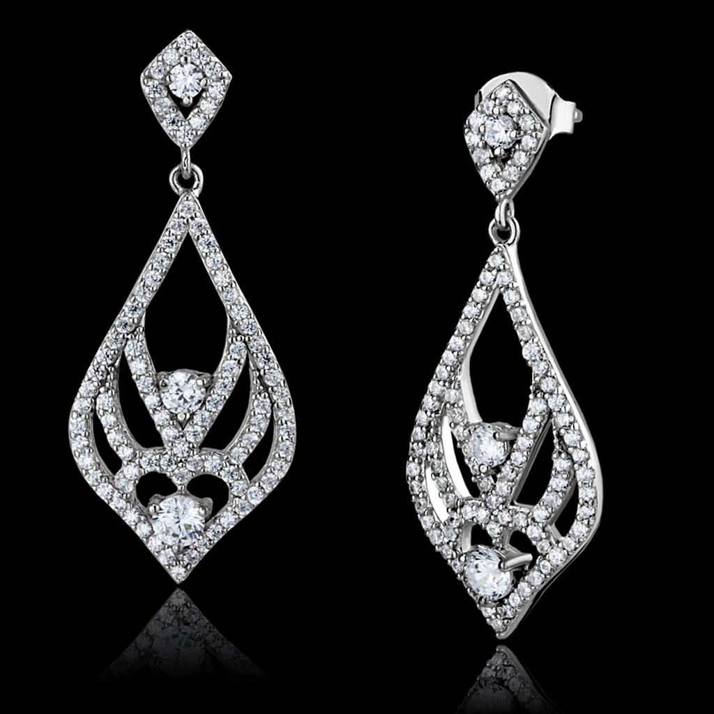 MATS497 - Rhodium 925 Sterling Silver Earrings with AAA Grade CZ  in Clear