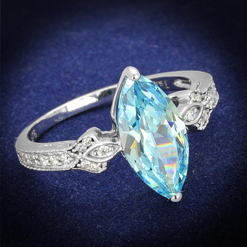 MATS502 - Rhodium 925 Sterling Silver Ring with AAA Grade CZ  in Sea Blue