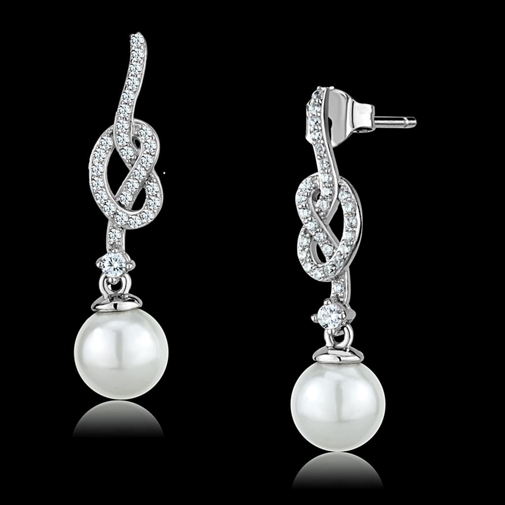 MATS506 - Rhodium 925 Sterling Silver Earrings with Synthetic Glass Bead in White