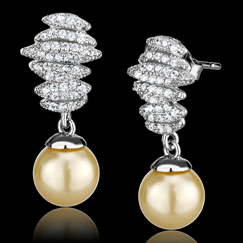 MATS531 - Rhodium 925 Sterling Silver Earrings with Synthetic Pearl in Topaz