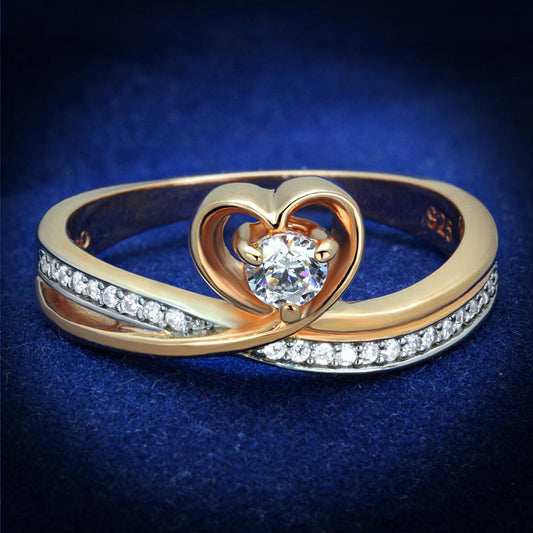 MATS544 - Rose Gold + Rhodium 925 Sterling Silver Ring with AAA Grade CZ  in Clear