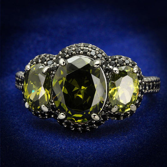 MATS547 - Ruthenium 925 Sterling Silver Ring with AAA Grade CZ  in Olivine color