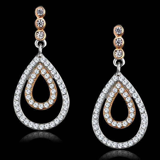 MATS548 - Rose Gold + Rhodium 925 Sterling Silver Earrings with AAA Grade CZ  in Clear