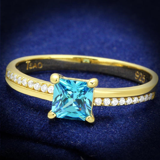 MATS559 - Gold 925 Sterling Silver Ring with AAA Grade CZ  in Sea Blue