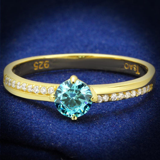 MATS561 - Gold 925 Sterling Silver Ring with AAA Grade CZ  in Sea Blue