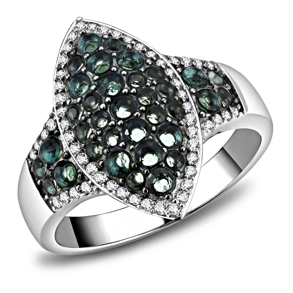 MATS614 - Rhodium + Ruthenium 925 Sterling Silver Ring with Synthetic Synthetic Glass in Blue Zircon