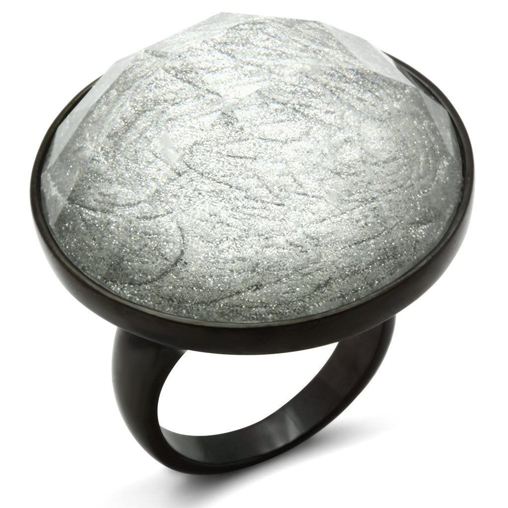 MAVL003 - IP Black(Ion Plating) Brass Ring with Synthetic Synthetic Stone in Light Gray