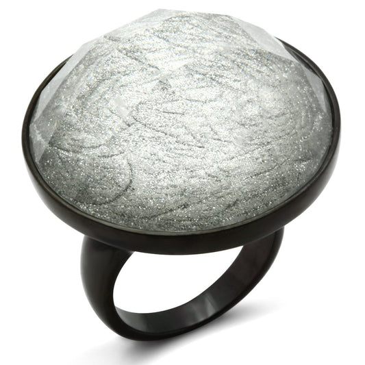 MAVL003 - IP Black(Ion Plating) Brass Ring with Synthetic Synthetic Stone in Light Gray