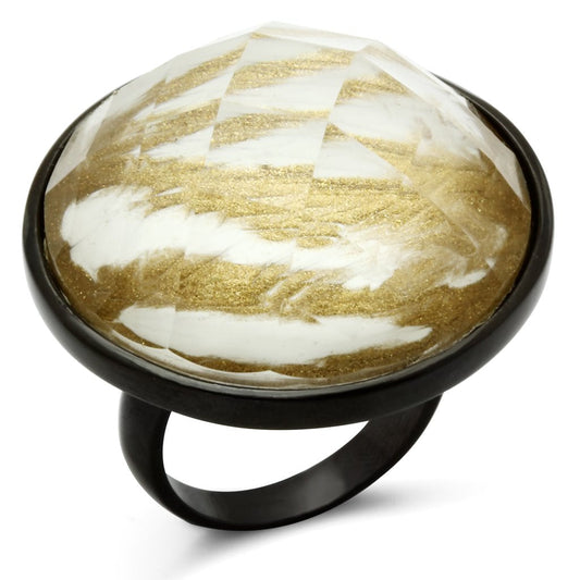 MAVL004 - IP Black(Ion Plating) Brass Ring with Synthetic Synthetic Stone in Brown