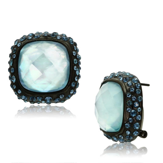 MAVL065 - IP Black(Ion Plating) Brass Earrings with Synthetic Synthetic Glass in Sea Blue