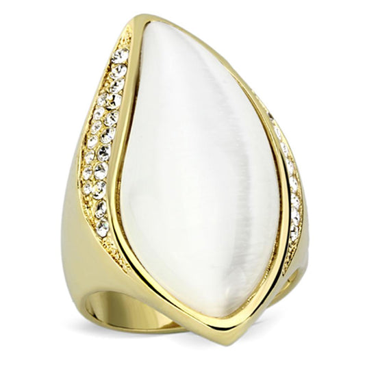 MAVL082 - IP Gold(Ion Plating) Brass Ring with Synthetic Cat Eye in White