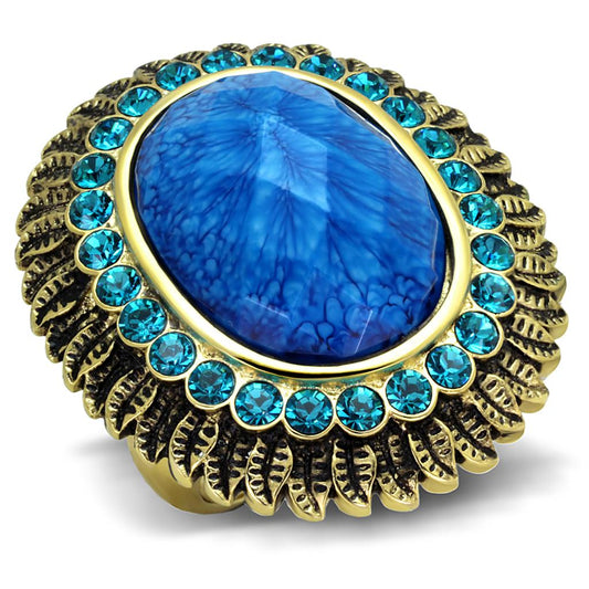 MAVL121 - IP Gold(Ion Plating) Stainless Steel Ring with Synthetic Synthetic Stone in Sea Blue